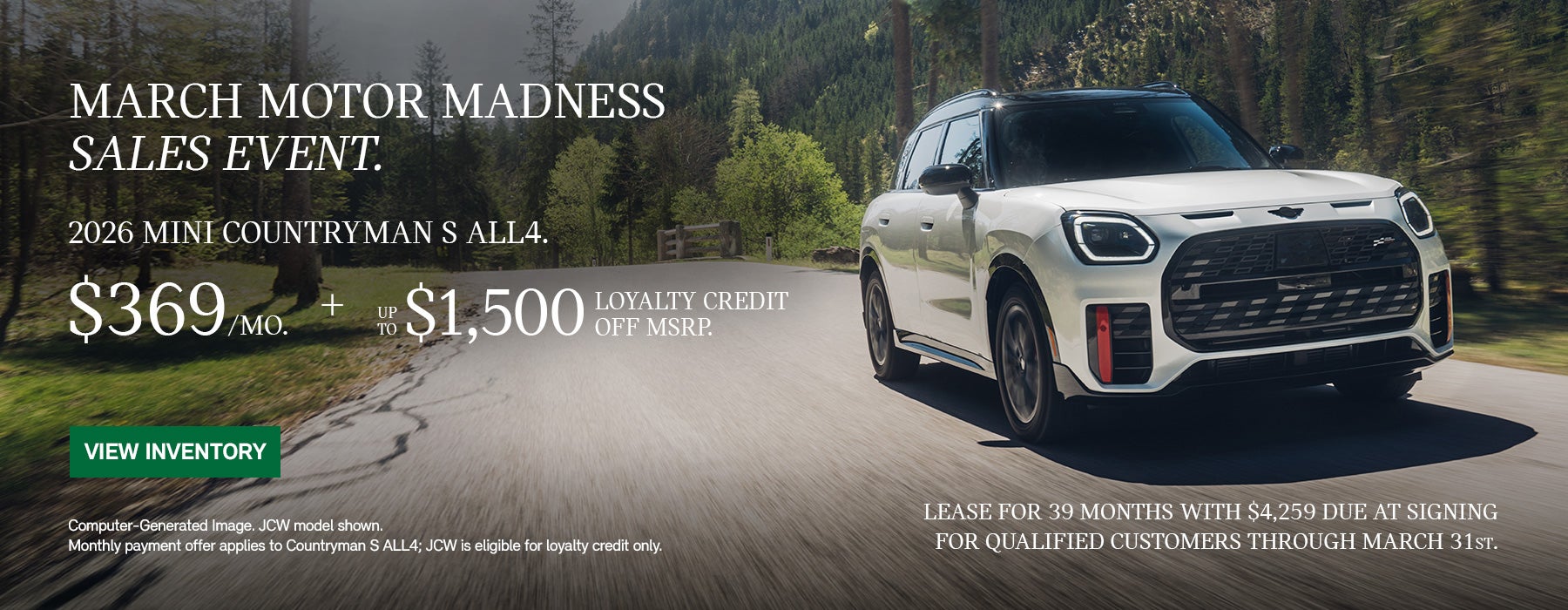 Front passenger view of a white MINI Countryman driving on a mountainous road.
