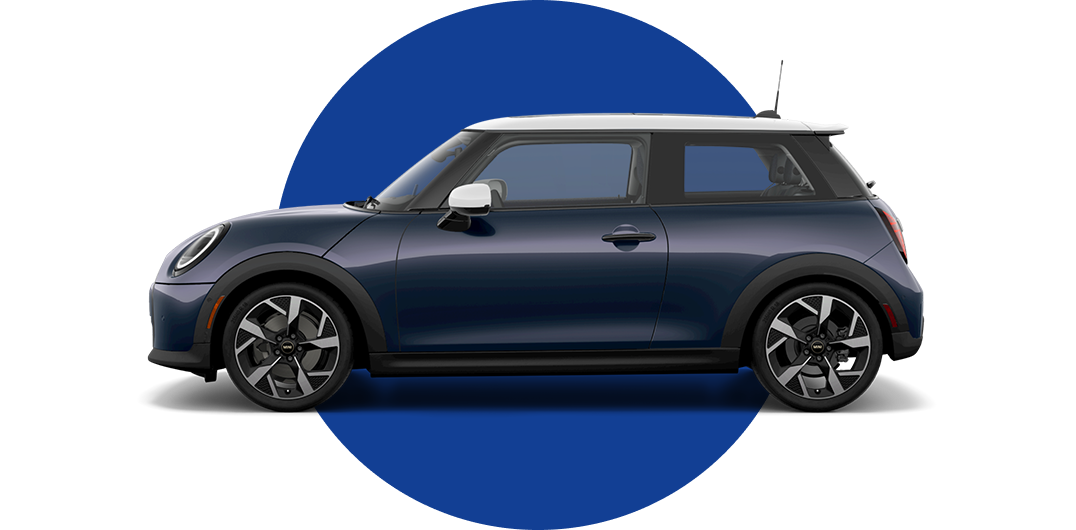 Side view of a MINI Cooper 2 Door in the Indigo Sunset Blue body color, facing left with its shadow underneath it.