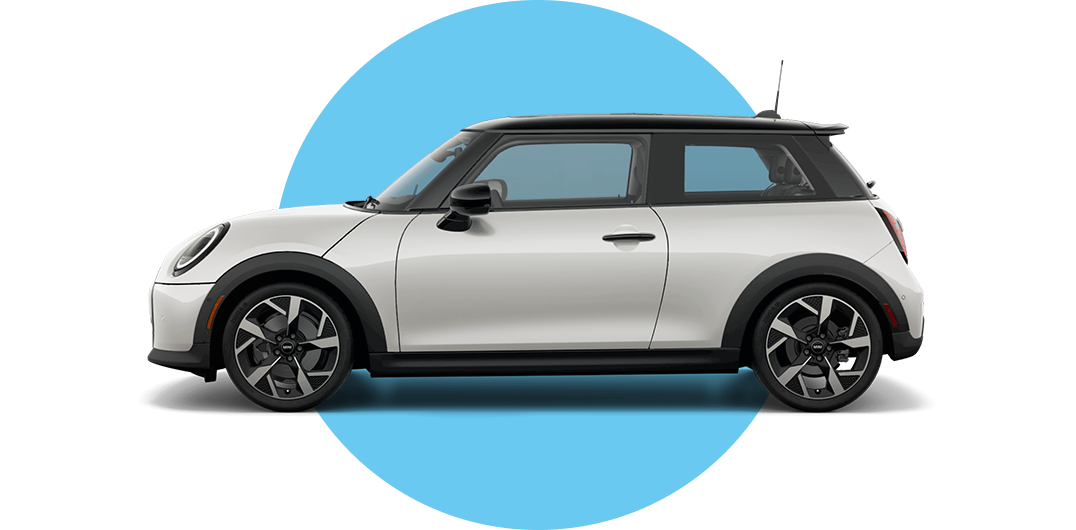 Side view of a MINI Cooper 2 Door in the Nanuq White body color, facing left with its shadow underneath it.