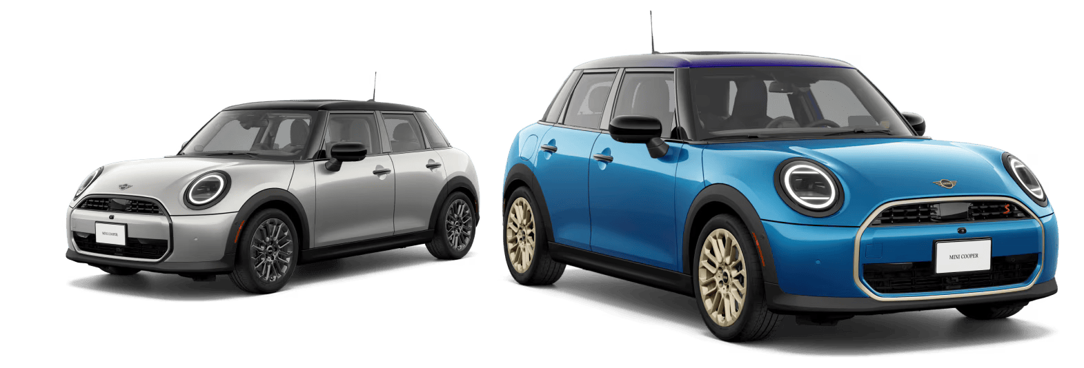 Angled exterior views of the MINI Cooper 4 Door and MINI Cooper S 4 Door.