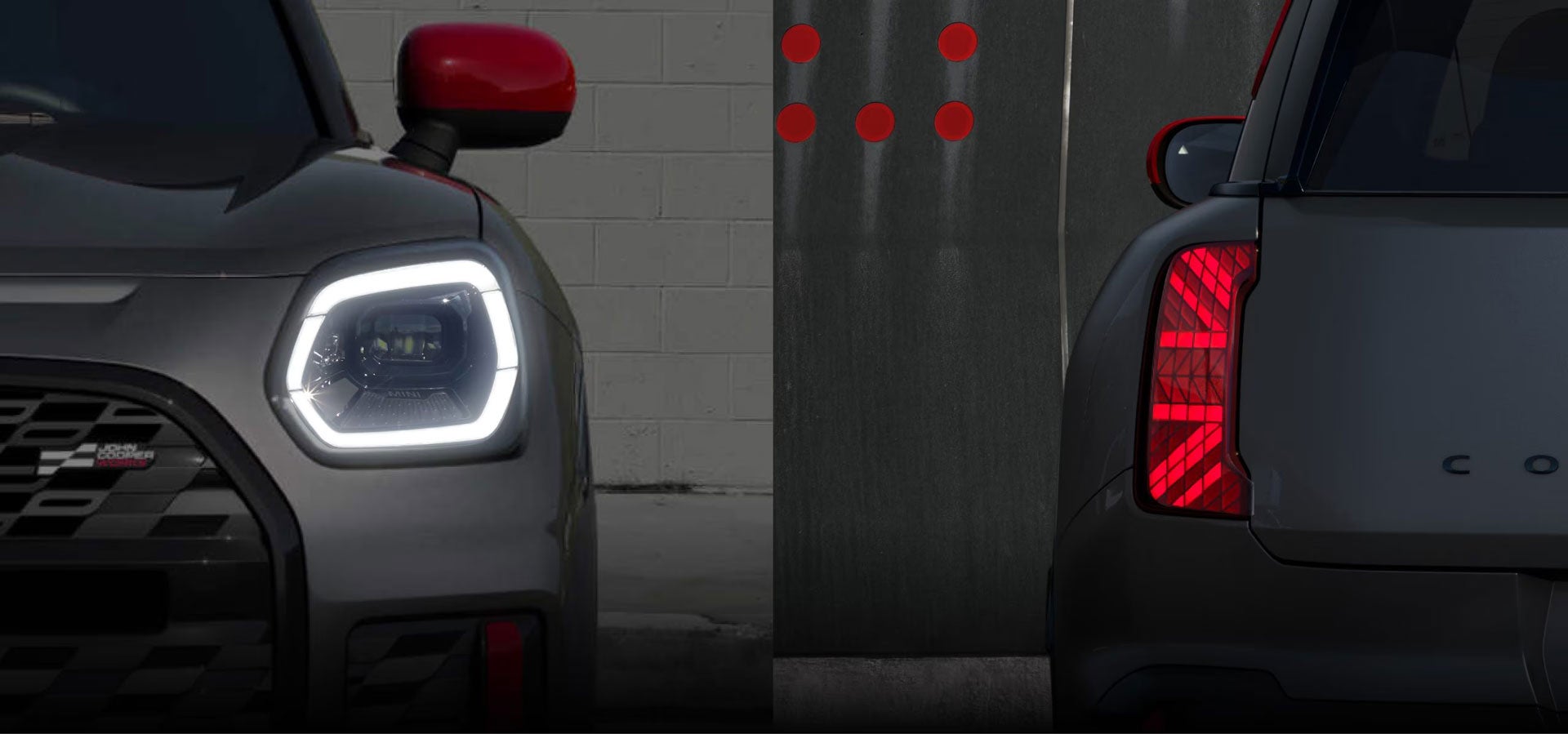 Close-up views of the MINI JCW Countryman ALL4 headlights and taillights.