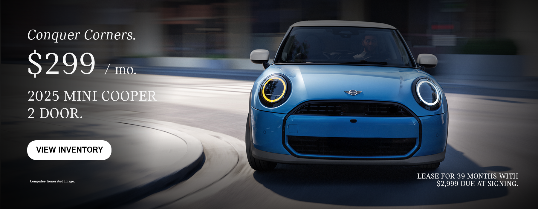 Front View of Blue MINI Cooper rounding corner.