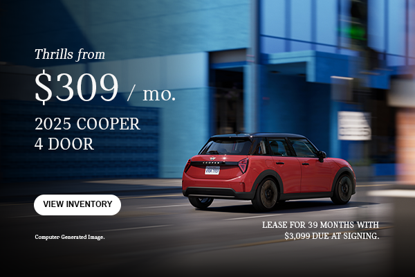 Back View of Red MINI Cooper 4 Door.